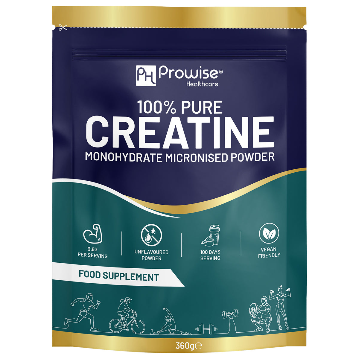 Prowise Creatine Monohydrate Powder, 360g Pouch – 100 Servings, Pure Micronised, Unflavoured & Vegan