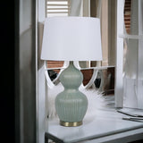 Cream Ceramic Table Lamp with Striped Base and Handmade Pleated Drum Shade – 3 Layer, 59cm Shade, Living Room or Hallway