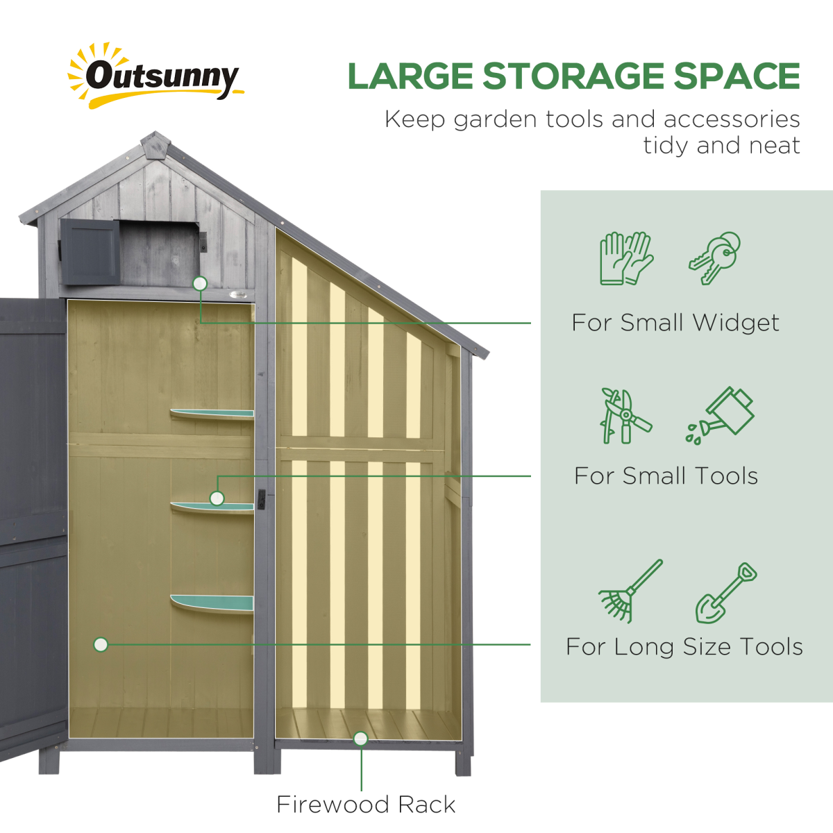HOMCOM Wooden Garden Tool Storage Shed with 3 Shelves and Firewood Rack – Outdoor Fir Wood Storage, Grey