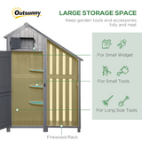 HOMCOM Wooden Garden Tool Storage Shed with 3 Shelves and Firewood Rack – Outdoor Fir Wood Storage, Grey