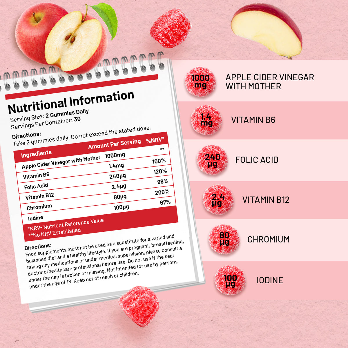 Prowise Apple Cider Vinegar Gummies with The Mother 1000mg – 60 Vegan Gummies with Vitamin B12 & B6