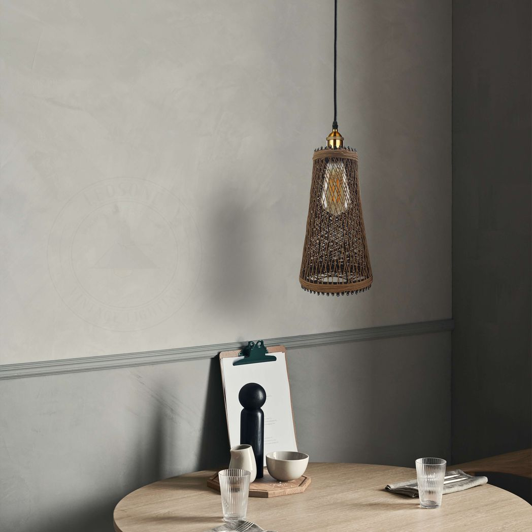 LEDSone Natural Rattan Wicker Pendant Light Shade, 30 x 17cm – Vintage Style Ceiling Light for Kitchen, Dining & Living Room