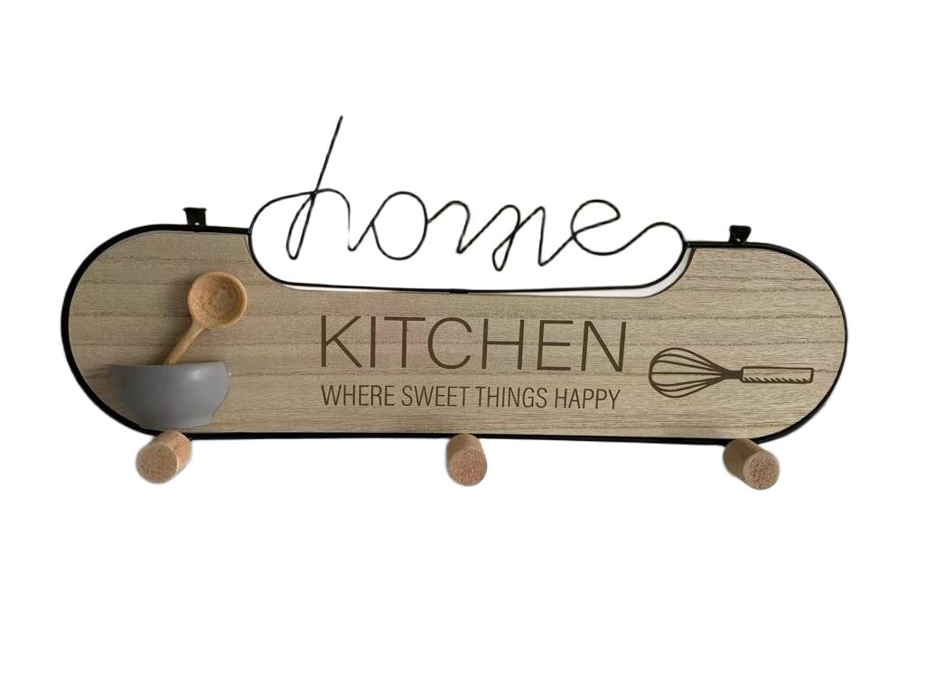 AcaciaHome Wall Mounted Wooden Kitchen Shelf with 3 Iron Hooks – Floating MDF Mug Holder Organiser, Beige