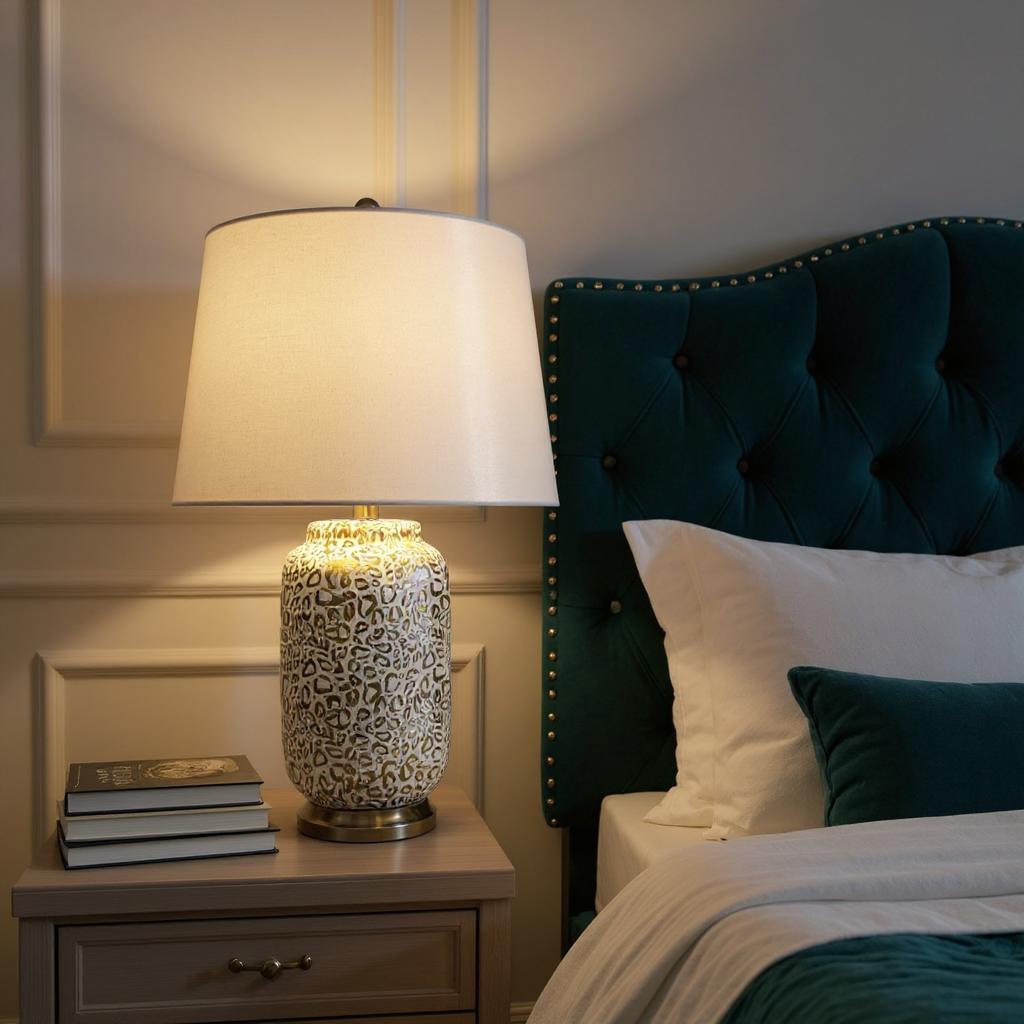 Cream Ceramic Striped Table Lamp with Handmade Drum Shade – Living Room & Bedroom Lighting