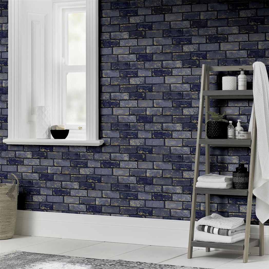 Arthouse Metallic Brick Wallpaper with Gold Highlights – Paste the Paper Feature Wall Covering, Navy and Gold
