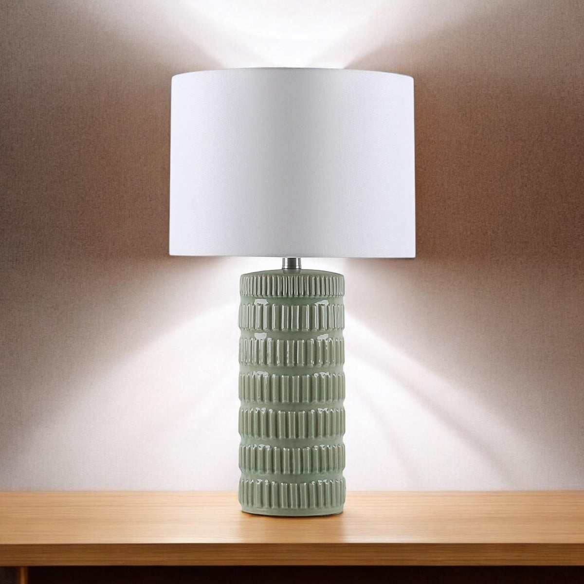 Cream Ceramic Striped Table Lamp with Handmade Drum Shade – Living Room & Bedroom Lighting