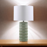 Cream Ceramic Striped Table Lamp with Handmade Drum Shade – Living Room & Bedroom Lighting