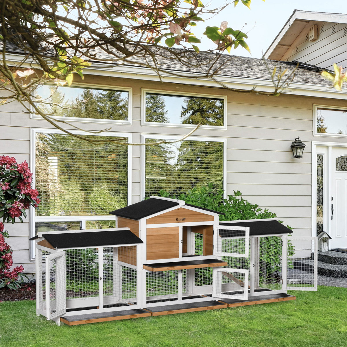 PawHut Two-Tier Wooden Rabbit Hutch with Two Runs, Slide-Out Trays & Ramp – Outdoor Guinea Pig Hutch