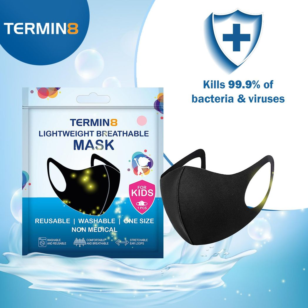 Termin8 Lightweight Breathable Reusable Face Mask for Kids – Double Layer, Polyester and Spandex, Black