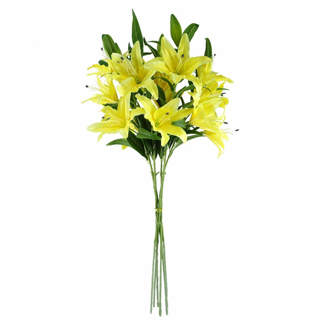 Leaf Large Artificial Lily Stems, Pack of 6 x 100cm with 18 Silk Flowers – Yellow