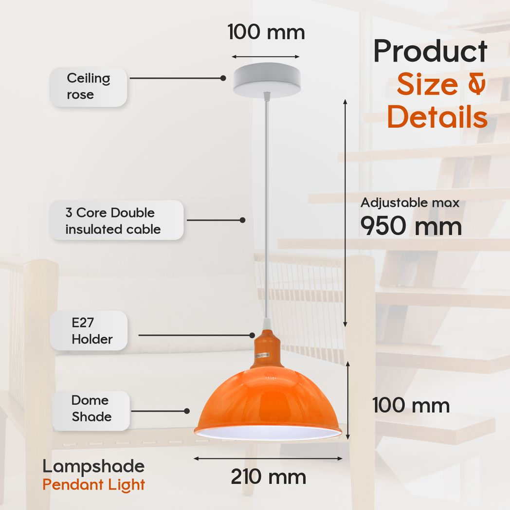Orange Dome Metal Pendant Shades, 21cm – 2 Pack