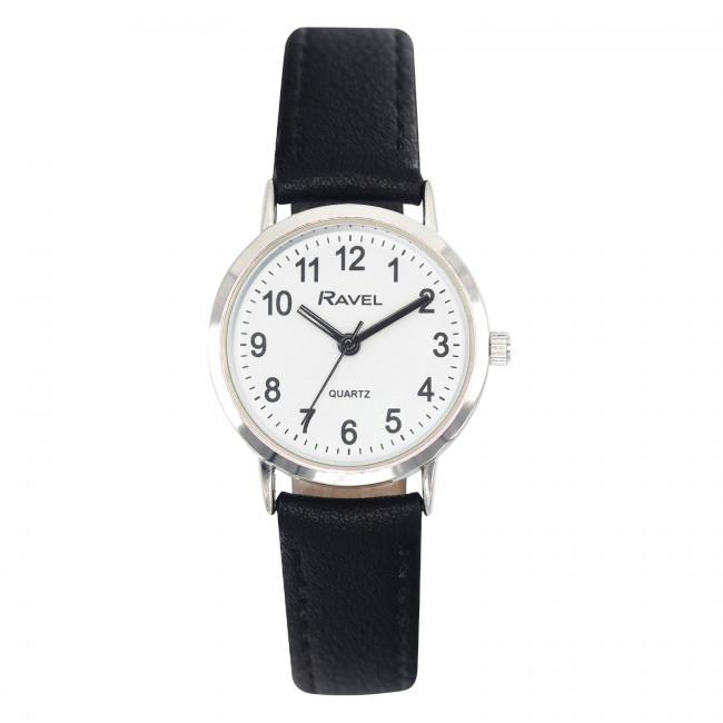 Ravel Ladies Classic Watch – White/Silver Dial, Black Leather Strap