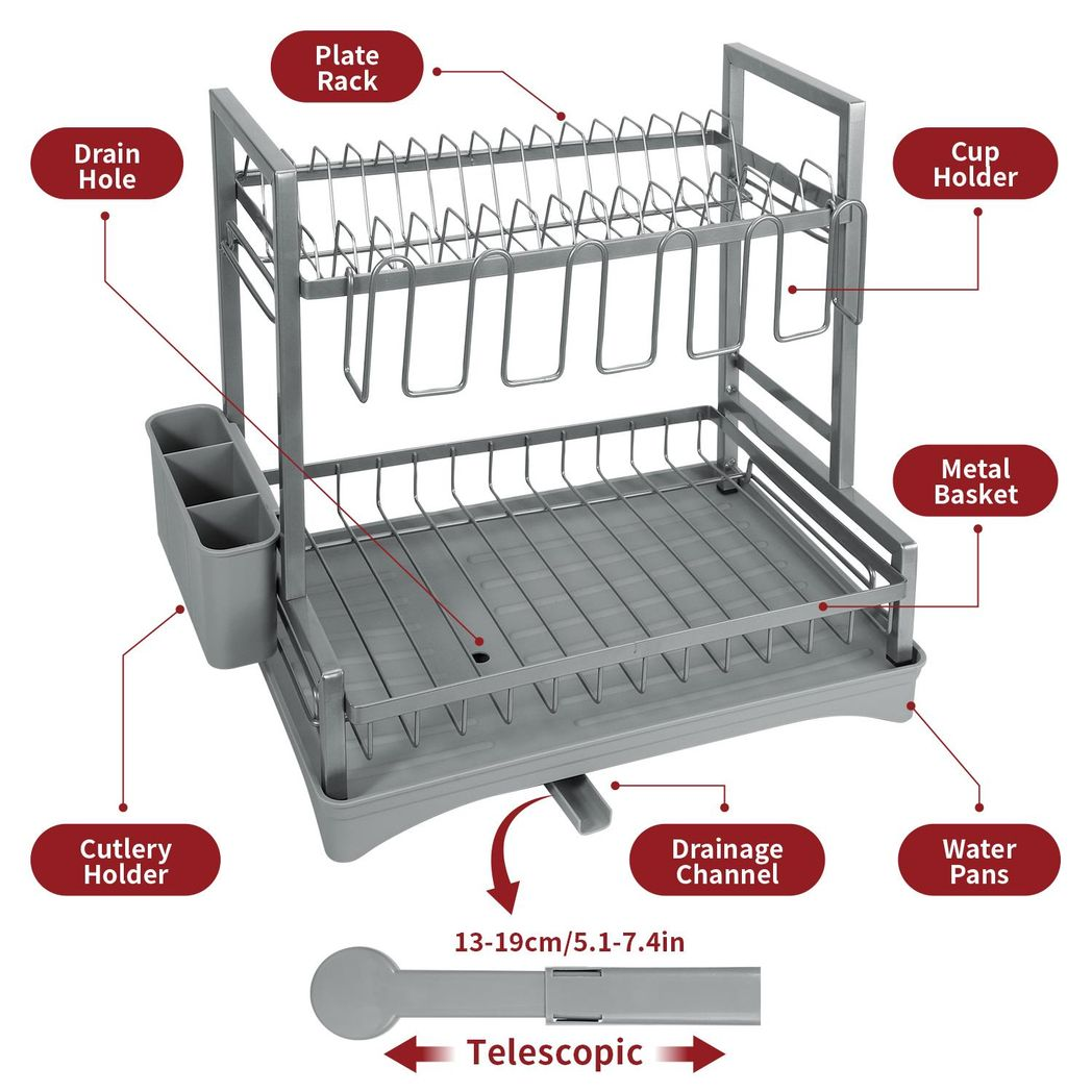 Vinsani 2-Tier Detachable Dish Drainer – Space-Saving Vertical Kitchen Drying Rack, Grey