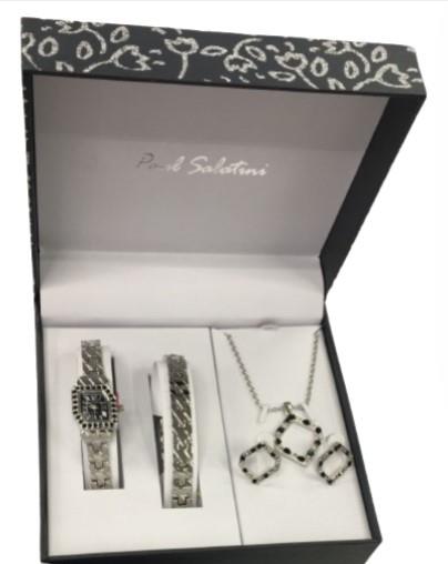 Paul Salatini Ladies Bling Watch & Jewellery Gift Set – Black Dial Watch, Bracelet, Necklace and Earrings