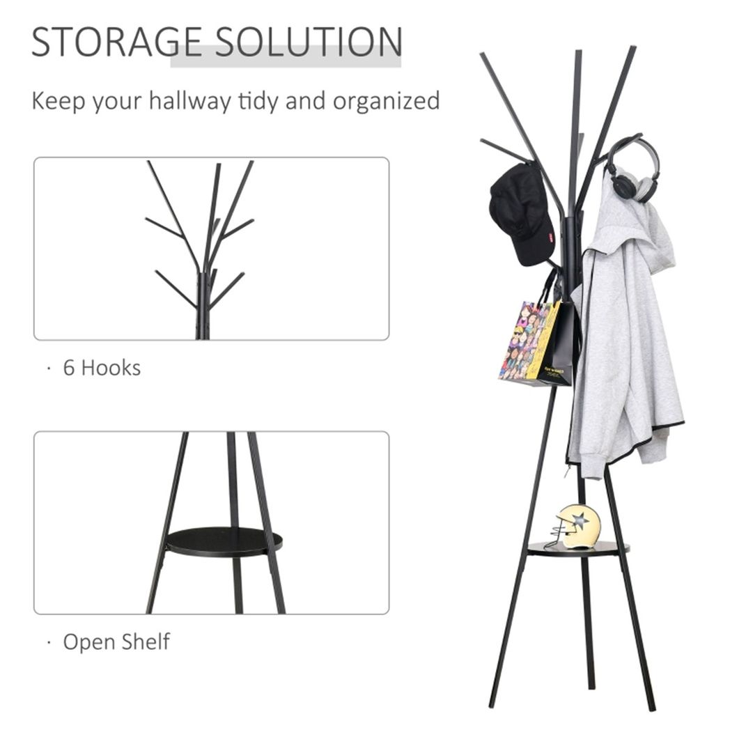 HOMCOM Tree Branch Coat Stand with 9 Hooks and Round Storage Shelf, 180cm, Black