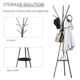 HOMCOM Tree Branch Coat Stand with 9 Hooks and Round Storage Shelf, 180cm, Black