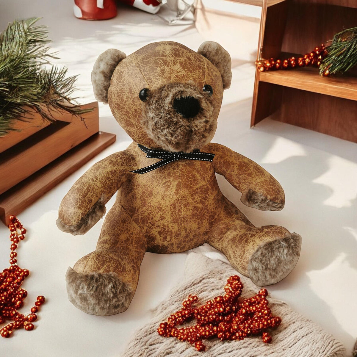 Antique Teddy Bear Door Stop – 32cm Soft Fabric with Leather-Effect Finish, Decorative Doorstop, Antique Brown