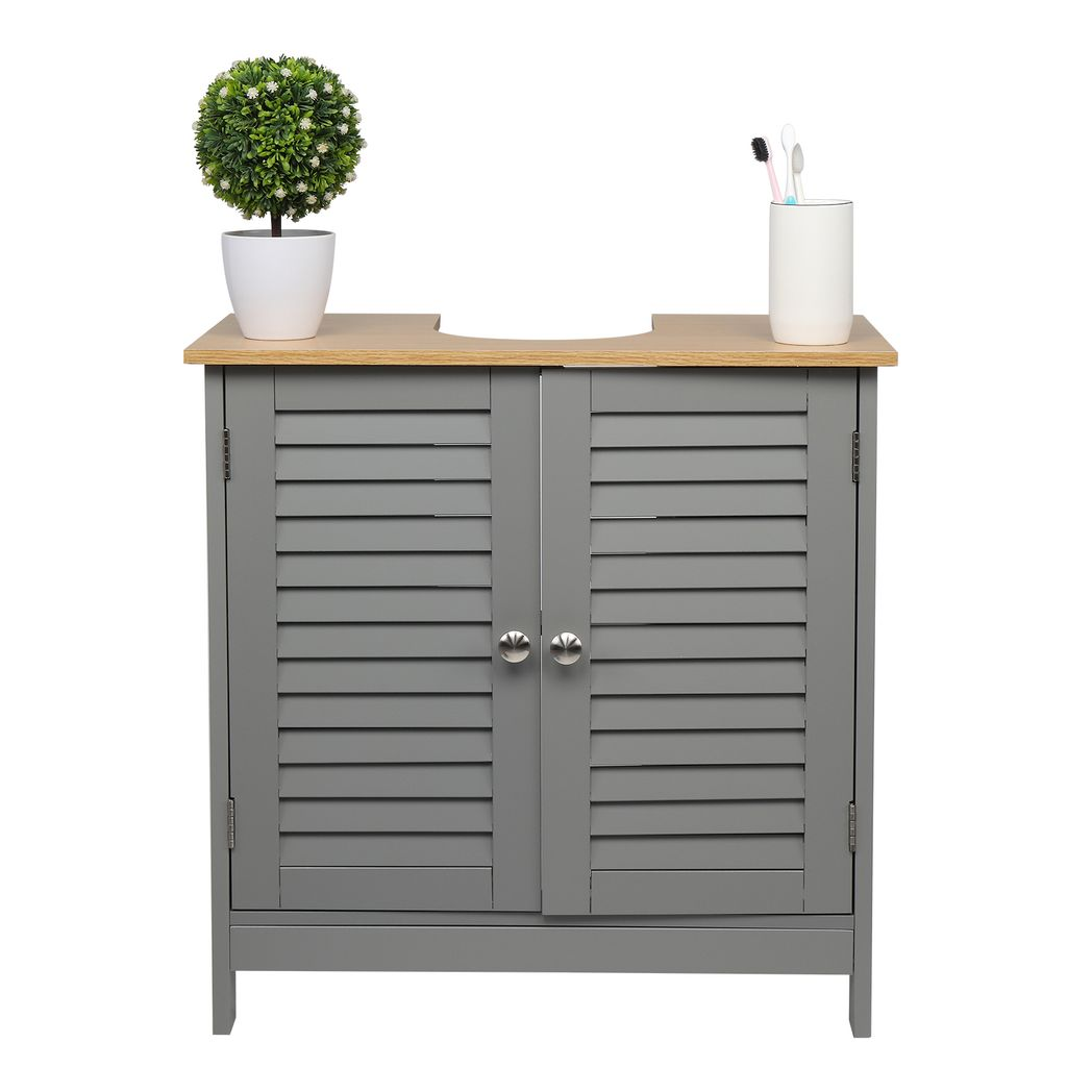 Modern Under-Sink Bathroom Cabinet with Double Slatted Doors, Waterproof MDF – Space-Saving Storage, Grey