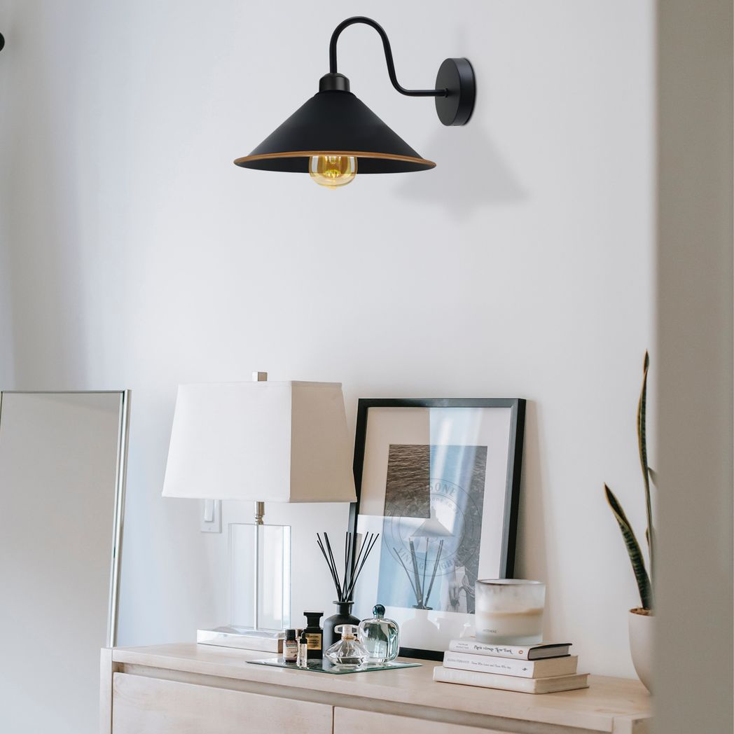 Vintage Swan Neck Wall Light with Cone Shade and E27 Socket – Dimmable Indoor Wall Sconce, Black and Gold