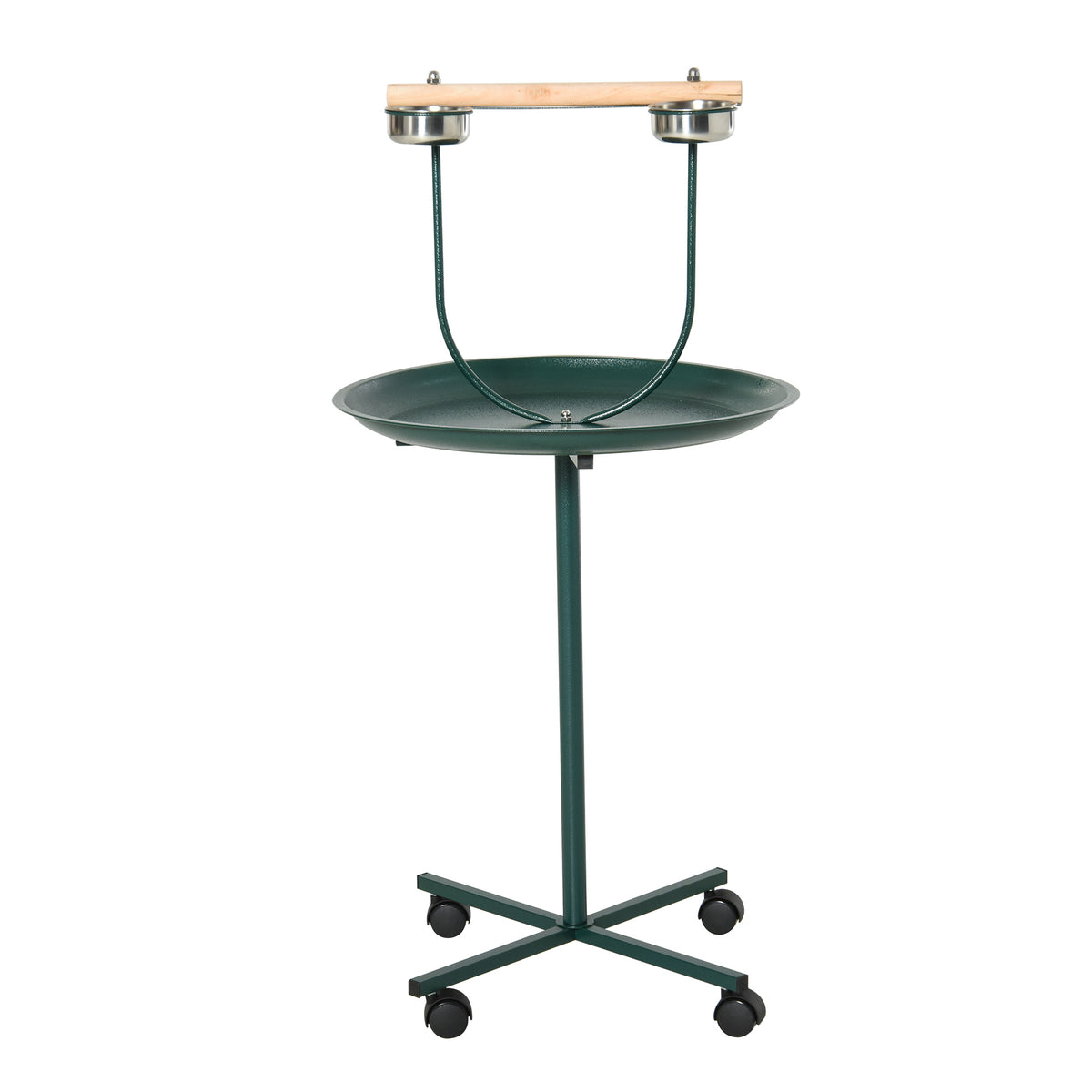 PawHut Bird Perch Stand with Wheels, Tray & 2 Stainless Steel Bowls – T-Stand for Small to Medium Birds, Green