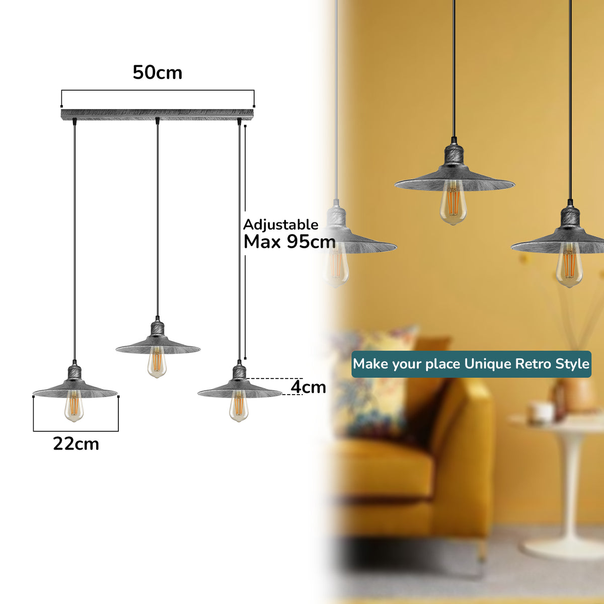 LEDSONE 3 Head Vintage Metal Cone Pendant Light with Rectangle Base, E27 Holders & 95cm Cables – Island Lighting
