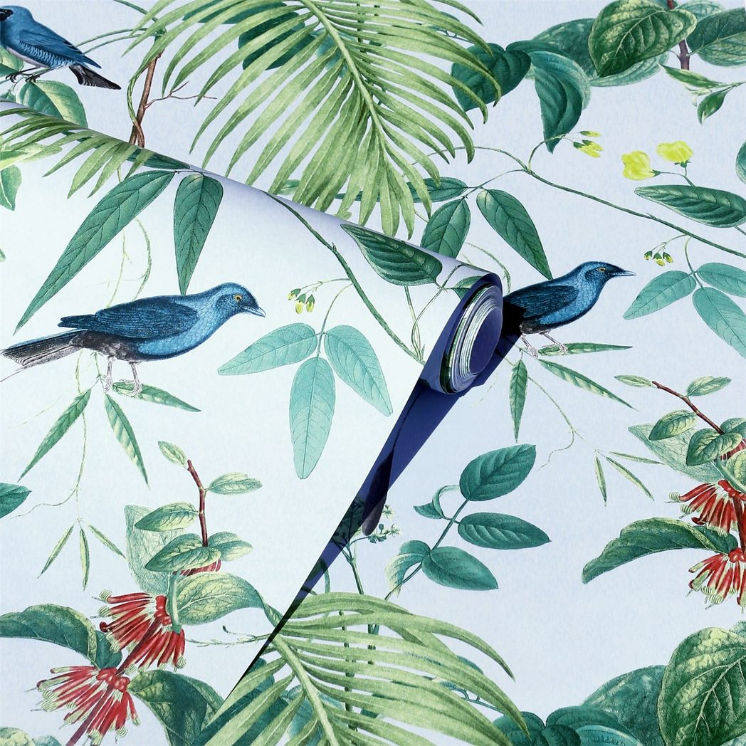 Arthouse Exotic Garden Wallpaper with Birds, Flowers and Foliage – Vintage Botanical Print, Blue