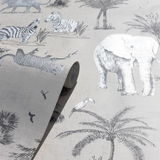 Arthouse Safari Lagoon Wallpaper with Hand-Drawn Safari Animals & Palm Trees – Linen-Look Feature Wall, Grey