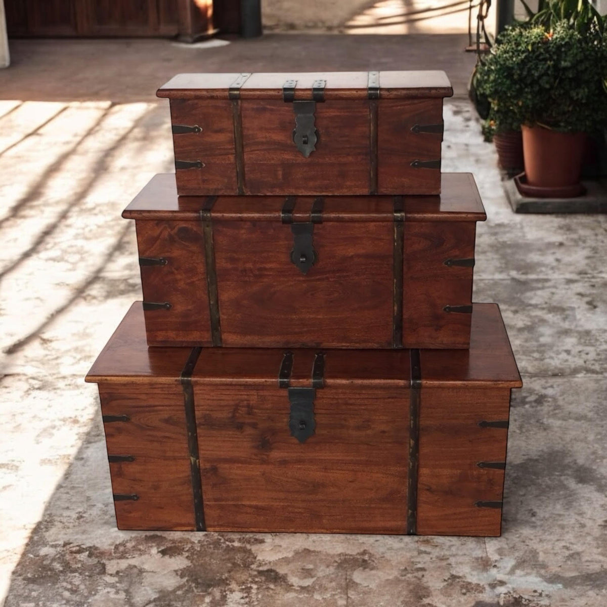 Set of 3 deep brown acacia storage chests
