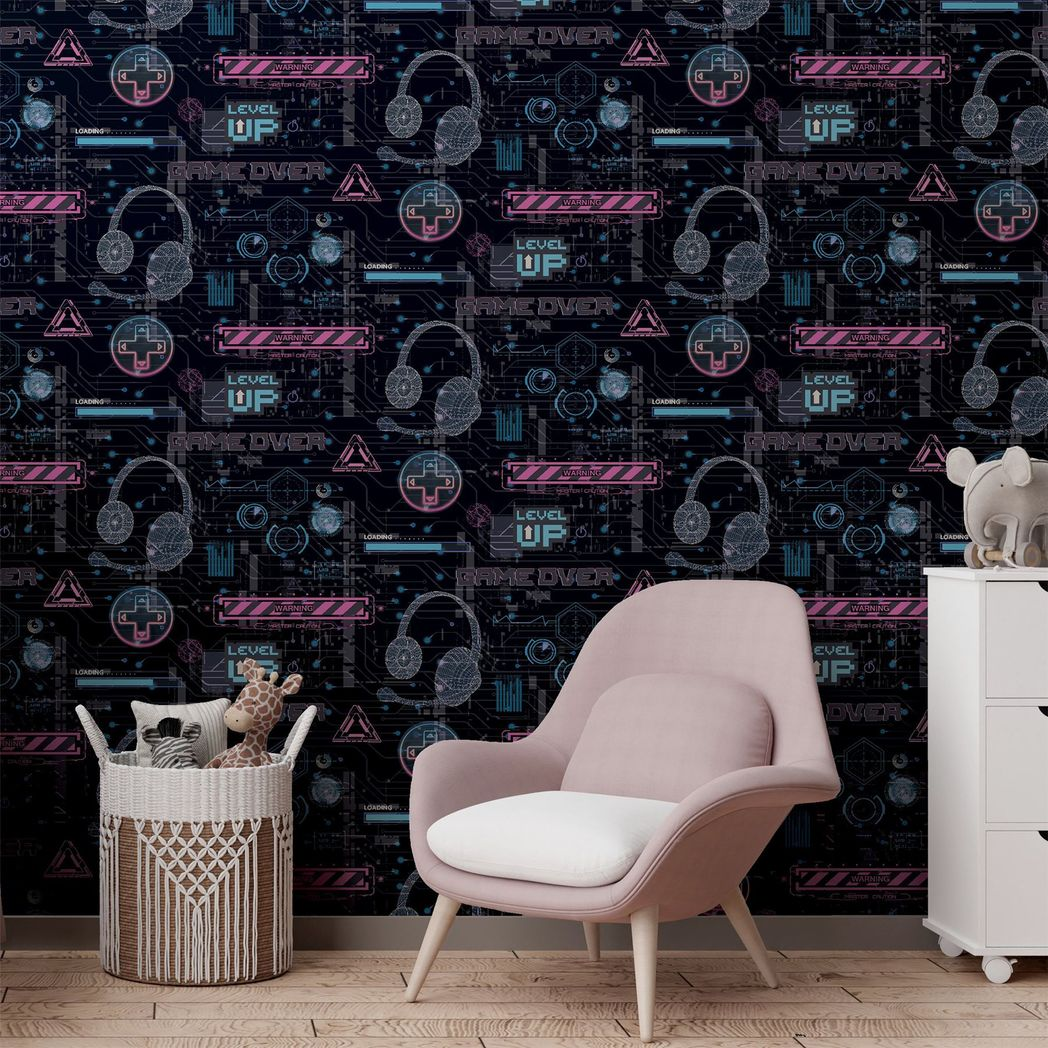Arthouse Gamer Video Glitch Wallpaper with Neon Style Signs – Gaming Room, Play Room or Den, Pink