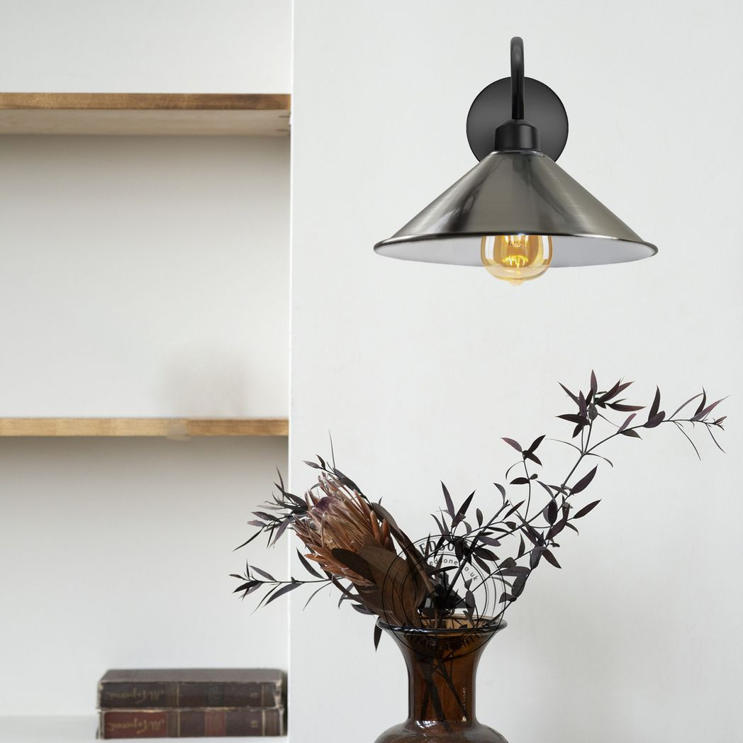 Vintage Swan Neck Wall Light with Cone Shade and E27 Socket – Dimmable Indoor Wall Sconce, Satin Nickel