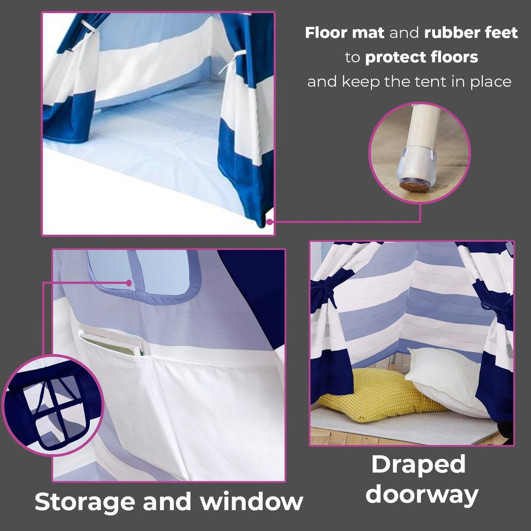 Neo Kids Canvas Teepee Play Tent with Bunting – Navy and White Stripe