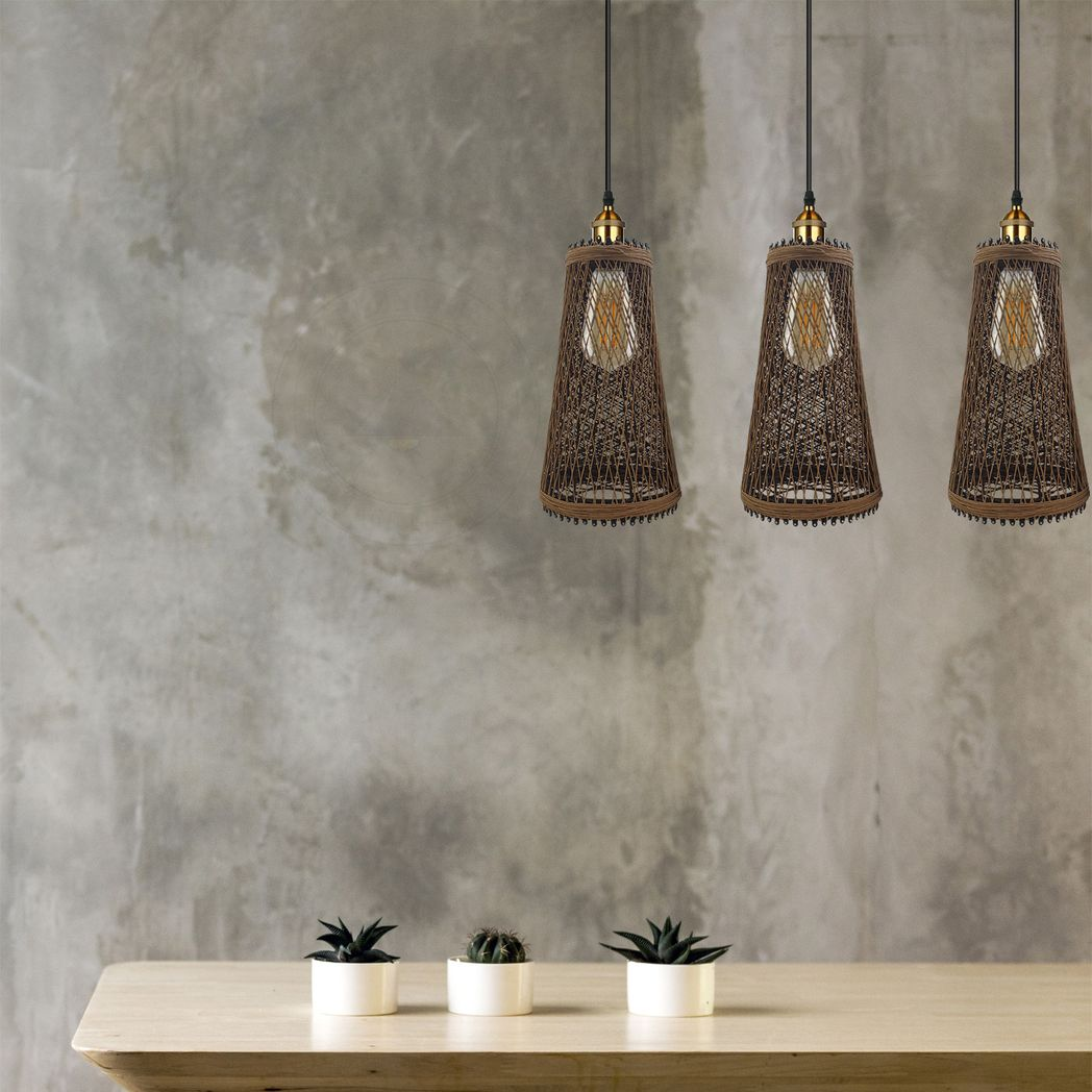 LEDSONE 3 Head Natural Wicker Basket Pendant Light with E27 Holders – Retro Industrial Rattan Ceiling Light