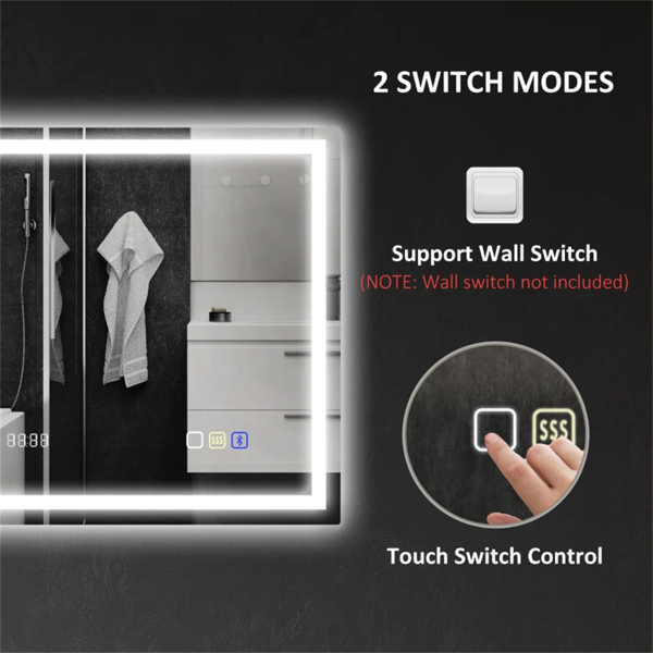 Home&Me LED Bathroom Mirror 80 x 60cm with Bluetooth Speaker, Clock & Demister – Silver, Dimmable