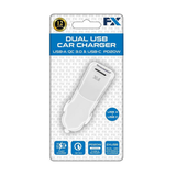 FX Dual USB Car Fast Charger with 20W PD and QC3.0 – Multi-Protection In-Car Charging, White