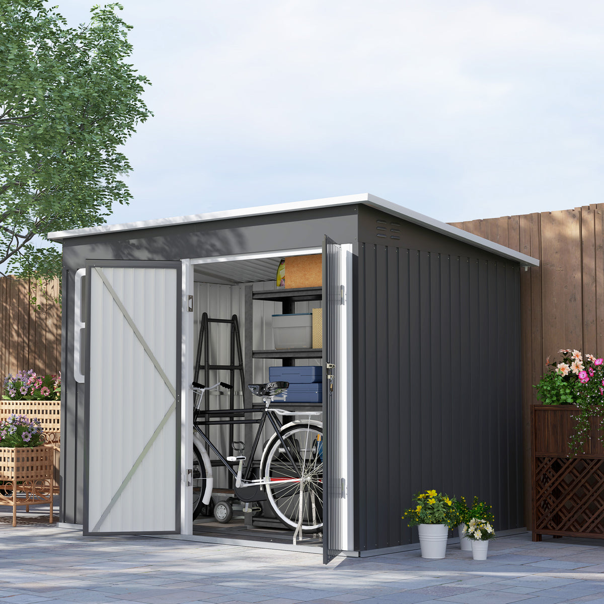 Outsunny 8.5x6ft Galvanised Steel Garden Shed with Foundation Kit, Window & Vents – Lockable Storage, Dark Grey