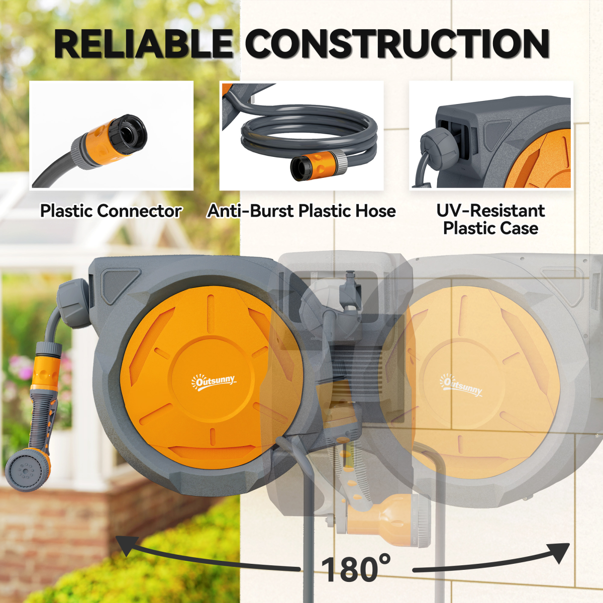 Outsunny 30m Retractable Garden Hose Reel with Lock, Wall Mounted – 7 Watering Patterns, Orange