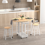 3-Piece Wooden Kitchen Cart with 2 Folding Stools, Drawers & Castor Wheels – Breakfast Bar Set for Small Kitchens