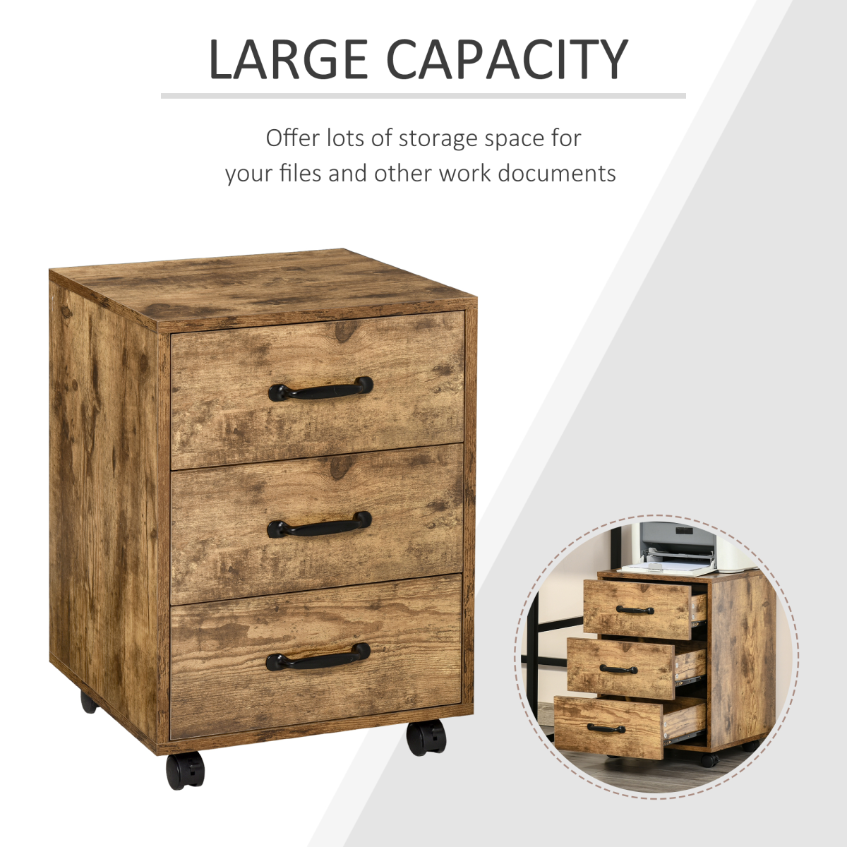 HOMCOM Rolling File Cabinet with 3 Drawers and Lockable Casters – Under Desk Mobile Filing Organiser, Wood Grain