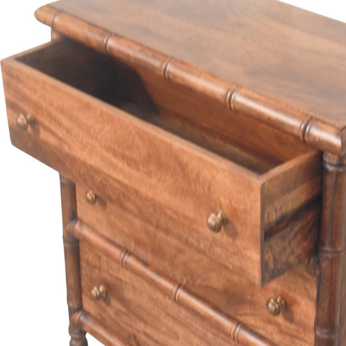 Artisan Furniture Solid Wood Bamboo Carved 3 Drawer Chest with Brass Knobs – Bedroom Storage, Brown