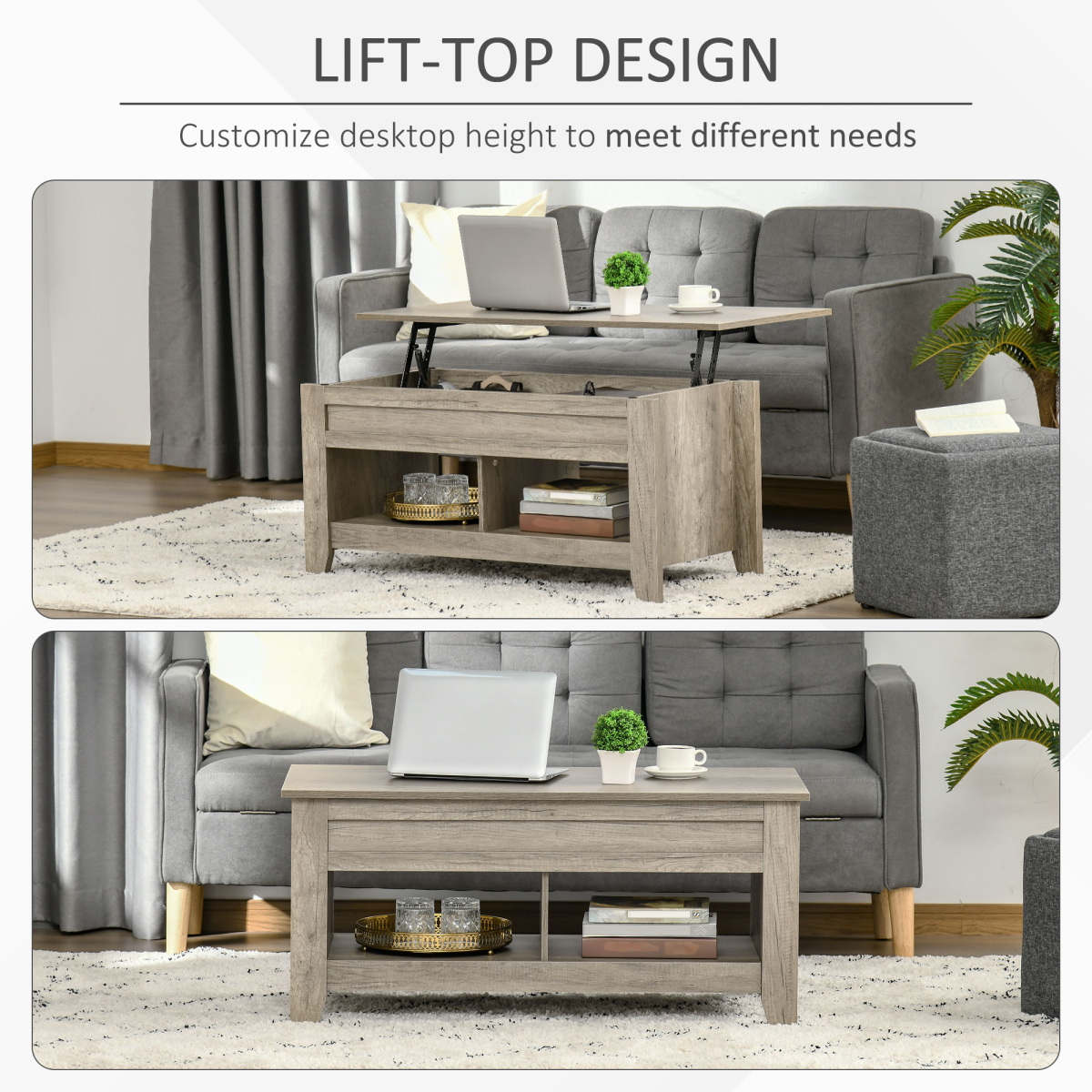 HOMCOM Lift-Top Coffee Table with Hidden Storage & Open Shelves – Sofa Dining and Laptop Table, Oak