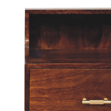 Artisan Furniture Solid Wood T-Bar Raised Back Bedside Table with 1 Drawer & Open Slot – Dark Brown