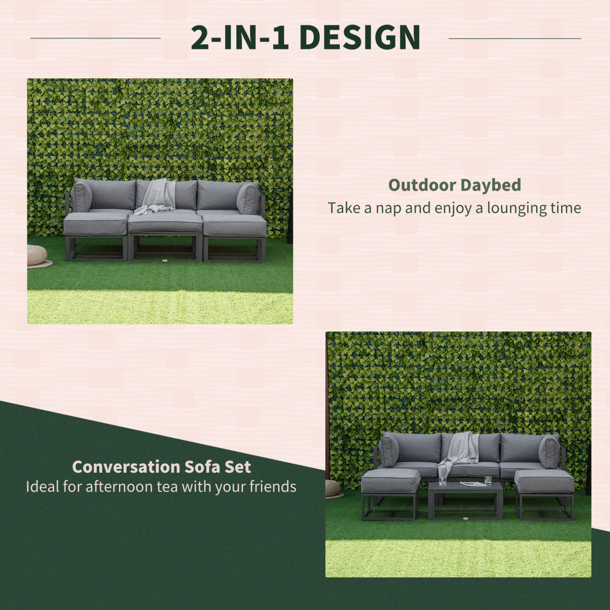 Outsunny 6-Piece Garden Daybed Sofa Set with Coffee Table & Footstools – Convertible Aluminium Lounge Set, Grey
