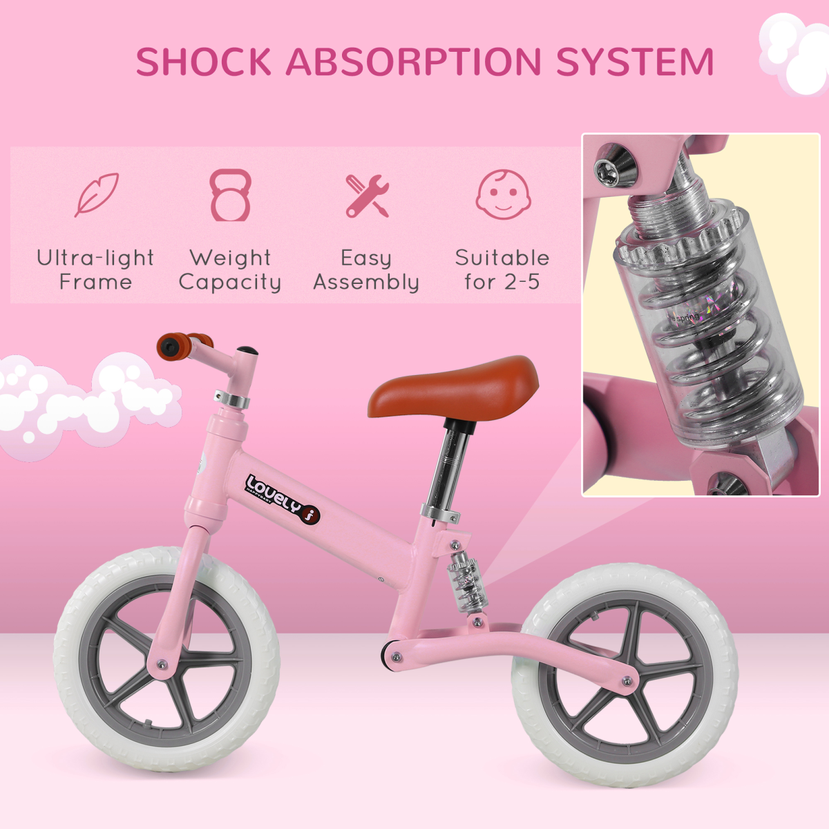 HOMCOM Kids Balance Bike with Adjustable Seat and Non-Slip Tyres – No-Pedal Learning Bike for Ages 2-5