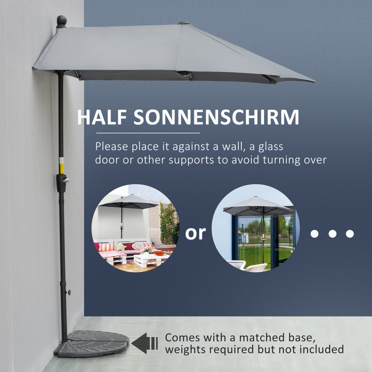 Outsunny 2m Half Garden Parasol with Crank Handle & Base – Double-Sided Canopy for Small Spaces, Dark Grey