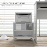 HOMCOM Printer Stand with 3 Compartments and Lockable Wheels – Home Office Storage Cart, 40kg Capacity, White