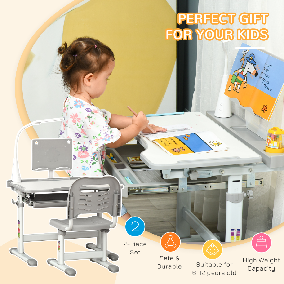 HOMCOM Kids Study Desk and Chair Set with USB Lamp, Drawer and Adjustable Height, Tilting Top – Grey