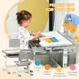 HOMCOM Kids Study Desk and Chair Set with USB Lamp, Drawer and Adjustable Height, Tilting Top – Grey