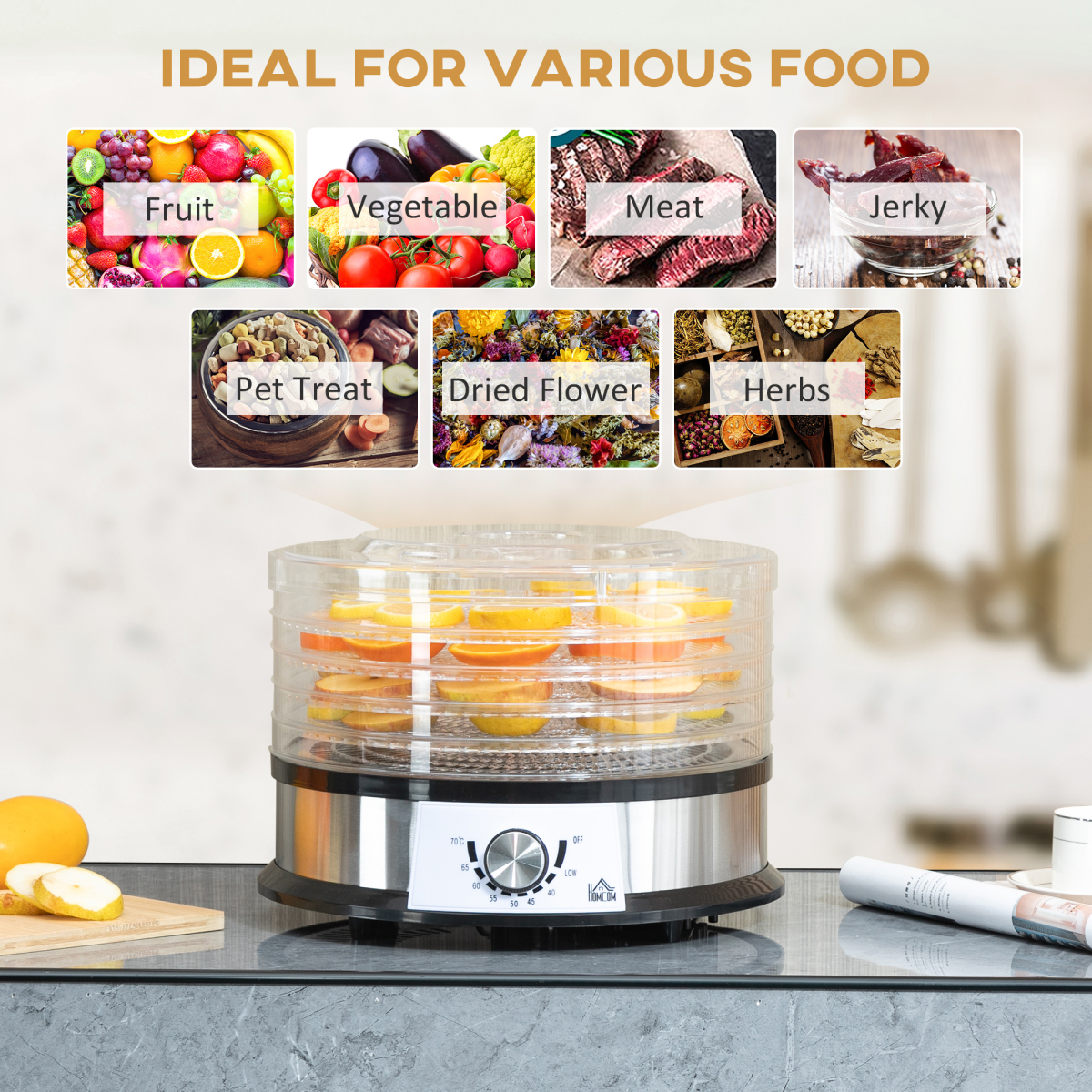 HOMCOM 5-Tier Food Dehydrator with 250W Motor, Adjustable Temperature and Stainless Steel Trays – Silver