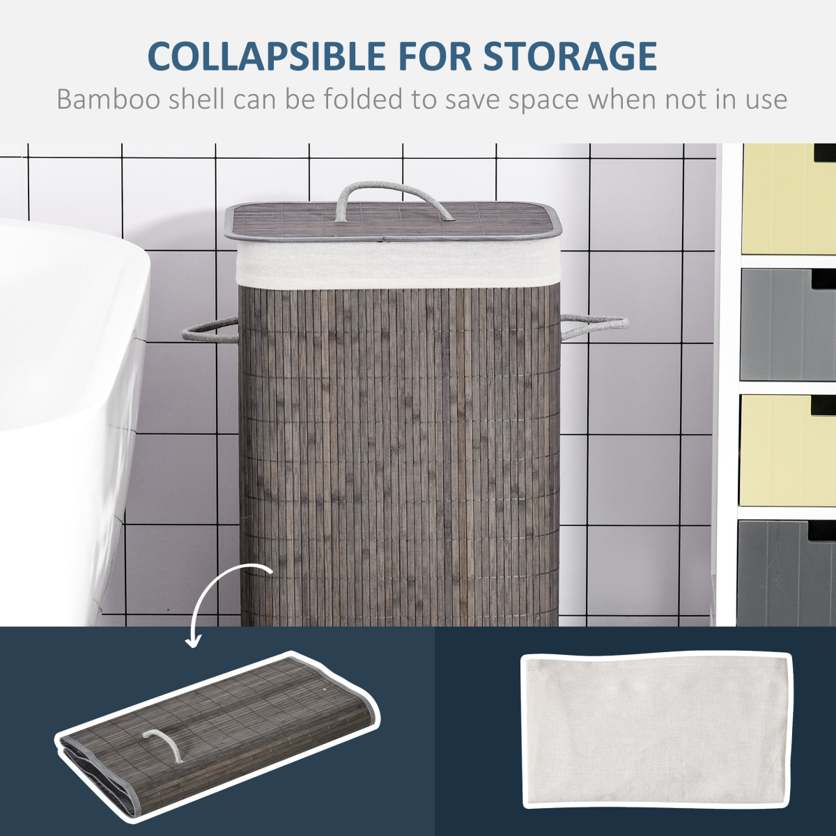 HOMCOM Bamboo Laundry Basket with Flip Lid and Removable Lining – Foldable Hamper, Grey