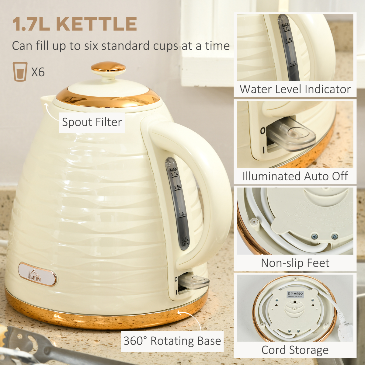 HOMCOM 1.7L Rapid Boil Kettle & 4-Slice Toaster Set – Pebbled Design Breakfast Set, Beige